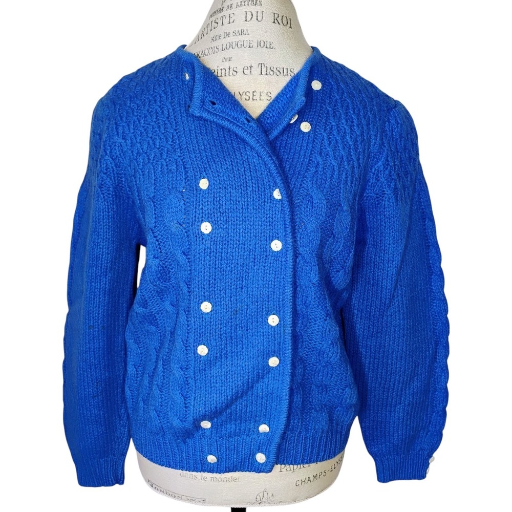 Vintage Robert Scott Shetland Wool Cable Knit Cardigan Sweater Women 38 Blue 80s